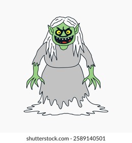 Spooky Green Witch Monster, Halloween Vector Illustration, Cartoon Horror Art. A spooky green witch monster vector illustration, ideal for Halloween cards, posters, and horror-themed designs