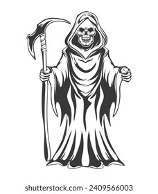 
Spooky grim reaper with scythe ghost smile skull full body vector design