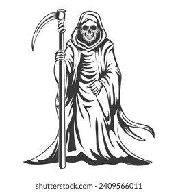 Spooky grim reaper with scythe in hand  skull ghost full body  vector design