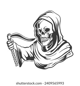 
Spooky grim reaper with scythe smile skull face vector design