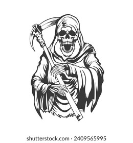 
Spooky grim reaper with scythe smile skull open mouth vector design