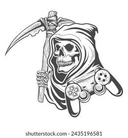 
spooky grim reaper skull with video gamepad lover vector design