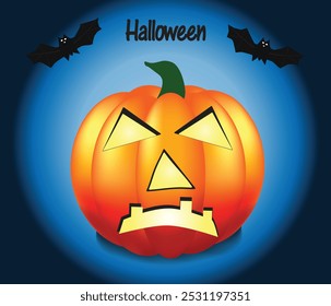 Spooky halloween angry pumpkin with bats