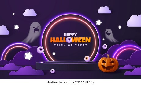 Spooky Halloween backdrop featuring a paper cut designed stage platform and vibrant neon illumination. Pumpkin with eerie expressions and ghosts. Imaginative banner perfect for the web.