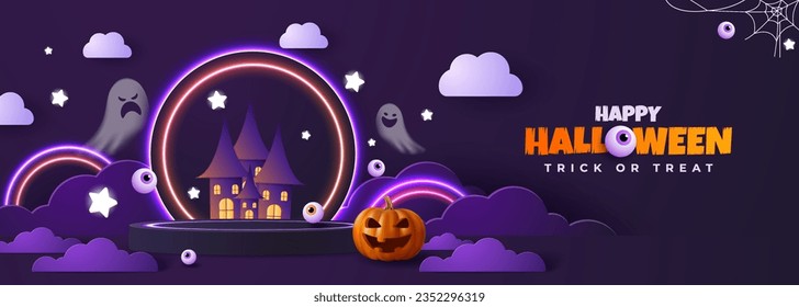 Eine schöne Halloween-Kulisse mit einer vom Papier geschnittenen Bühnenplattform und einer lebhaften Neonbeleuchtung. Kürbis mit unheimlichen Ausdrücken und Geistern. Fantasievolles Banner perfekt für das Web.