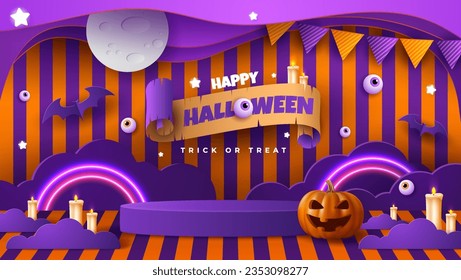 Spooky Halloween backdrop featuring a paper cut designed stage platform and vibrant neon illumination. Pumpkin with eerie expressions and ghosts. Imaginative banner perfect for the web.