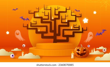 Spooky Halloween backdrop featuring a paper cut designed stage platform. Pumpkin with eerie expressions and ghosts. Imaginative banner perfect for the web.