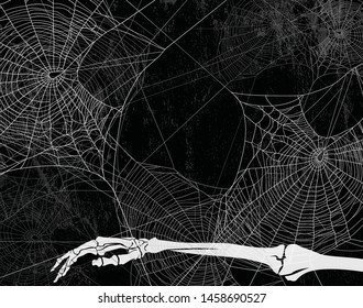 spooky halloween backdrop with spider web, dead man skeleton hand and shabby black wall - vector copy space background design
