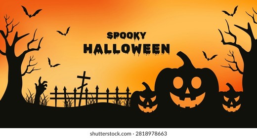 Spooky Halloween background banner template with graveyard and pumpkin silhouettes