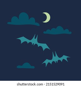 Spooky halloween background with bats and moon, cartoon style. Trendy modern vector illustration, hand drawn, flat design. 