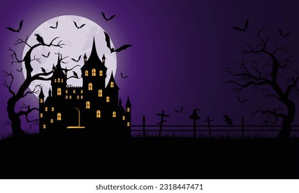 Spooky Halloween background with casttle.Bats on the background of the full moon.Halloween design.Vector illustration