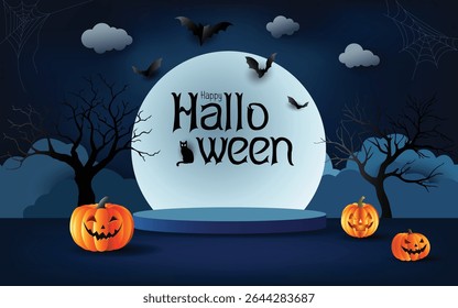 Spooky Halloween background featuring carved pumpkins, flying bats, full moon, creepy trees, spider webs, and podium for display.
