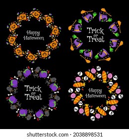 Spooky halloween background frame. Cute character vector illustration. Pumpkin, bat, skull, witch, broom. Simple creative design. Used for background, template, media, greeting card, decoration, icon.