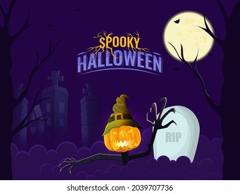 Spooky Halloween Background With Full Moon, Jack-O-Lantern Wear Witch Hat, Haunted Buildings And RIP Stone Illustration.