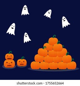 Spooky Halloween background. Ghosts with faces and pumpkin on dark blue background.