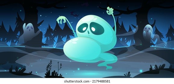 Spooky Halloween background with ghosts flying in dark forest at night. Vector cartoon creepy illustration of midnight landscape with black trees silhouettes, fog and scary phantoms