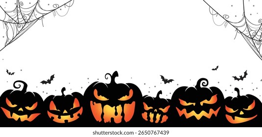 Plano de fundo assustador de Halloween com abóboras brilhantes, teias de aranha e morcegos voadores. Ideal para convites para festas, cartazes e banners sazonais.