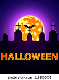 Spooky Halloween background with a grave and a bat
