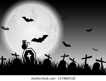 Spooky Halloween background with graves and black cat, stock vector