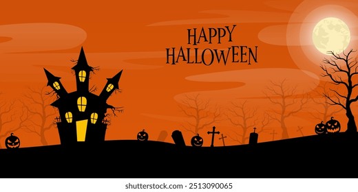 Spooky Halloween background with haunted house, pumpkins, cemetery, bats and tree of death