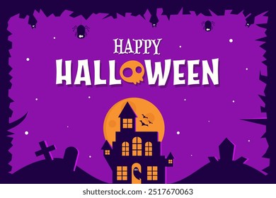 Spooky halloween background. Haunted house with purple sky, moon, bats, spiders, gravestone. Vector illustration with text.