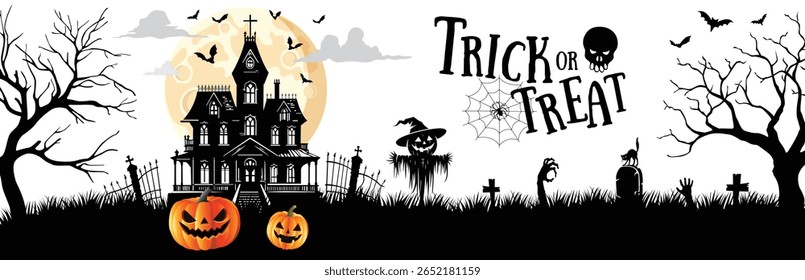 Spooky Halloween background with haunted house, pumpkins, bats, and "Trick or Treat" message. Perfect for party invitations or seasonal designs.