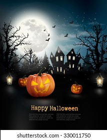 Spooky Halloween Background With A Haunted House In A Forest. Vector.
