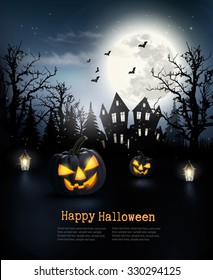 Spooky Halloween background with a haunted house in a forest. Vector.