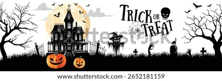 Spooky Halloween background with haunted house, pumpkins, bats, and 