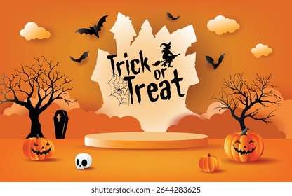 Spooky Halloween background with jack-o'-lanterns, bats, haunted trees, coffin, and "Trick or Treat" text on orange backdrop.