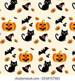 Espeluznante patrón de fondo de Halloween con calabazas, gatos negros, sombreros de bruja, murciélagos. Diseño naranja y negro perfecto para celebraciones de otoño, fiestas de Halloween, eventos de truco o trato, Acción de Gracias