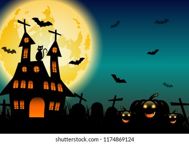 Spooky Halloween background with pumpkins and black cat, stock vector