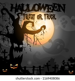 Spooky halloween background with pumpkins in a cemetery