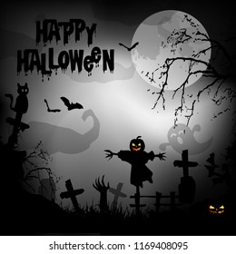 Spooky halloween background with pumpkins in a cemetery