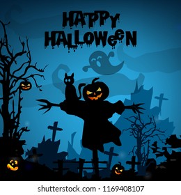 Spooky halloween background with pumpkins in a cemetery