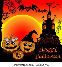 Spooky Halloween background with pumpkins in a cemetery