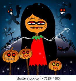 Spooky Halloween background with pumpkins in a cemetery