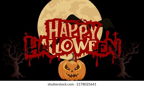Sombrío fondo de Halloween con calabazas, luna y murciélago. Tontos y diseños de horror. Afiche, pancarta, volante para la fiesta nocturna Halloween y el día de halloween