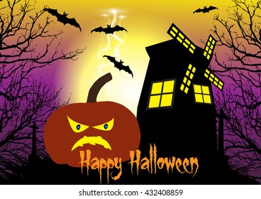 Spooky Halloween background with pumpkins,windmill,bats and cross among the dead trees.
