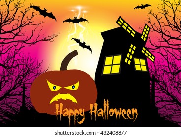 Spooky Halloween background with pumpkins,windmill,bats and cross among the dead trees.