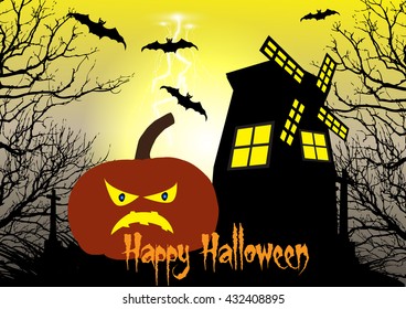 Spooky Halloween background with pumpkins,windmill,bats and cross among the dead trees.