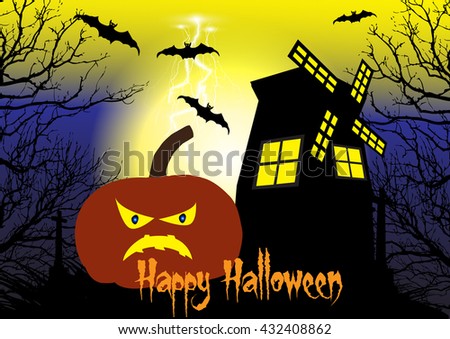 Spooky Halloween background with pumpkins,windmill,bats and cross among the dead trees.