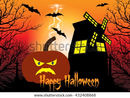 Spooky Halloween background with pumpkins,windmill,bats and cross among the dead trees.