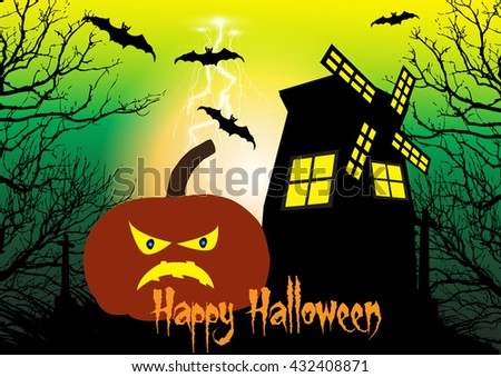 Spooky Halloween background with pumpkins,windmill,bats and cross among the dead trees.