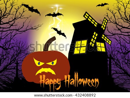 Spooky Halloween background with pumpkins,windmill,bats and cross among the dead trees.