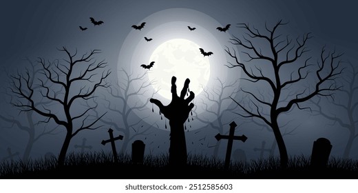 Plano de fundo assustador de Halloween com uma mão assustadora, cemitério, morcegos e árvore da morte