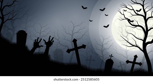 Plano de fundo assustador de Halloween com uma mão assustadora, cemitério, morcegos e árvore da morte