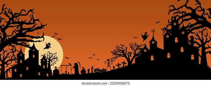 Spooky Halloween background with silhouette of trees, bat, haunted castle. Scary dark graveyard. Horror night Helloween poster. Vector flat illustration