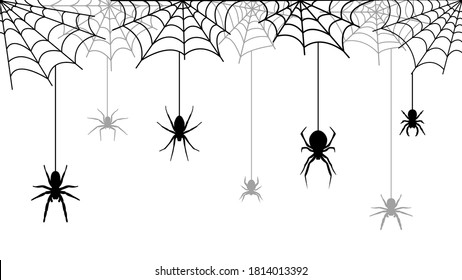 Spooky Halloween background with spider web. Creepy vector illustration with hanging spiders.