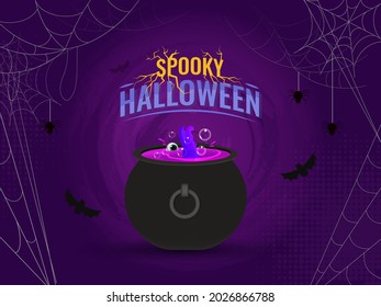Spooky Halloween Background With Spider Web, Bats Flying And Magic Cauldron Pot Illustration.